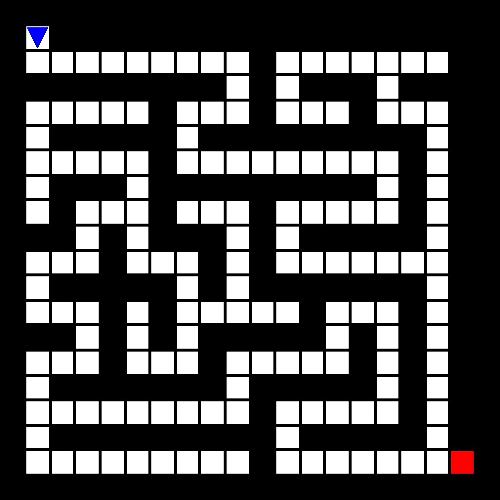 A top-down maze of white wall blocks on a black background, with a blue triangular robot at the top left entrance and a red exit square at the bottom right