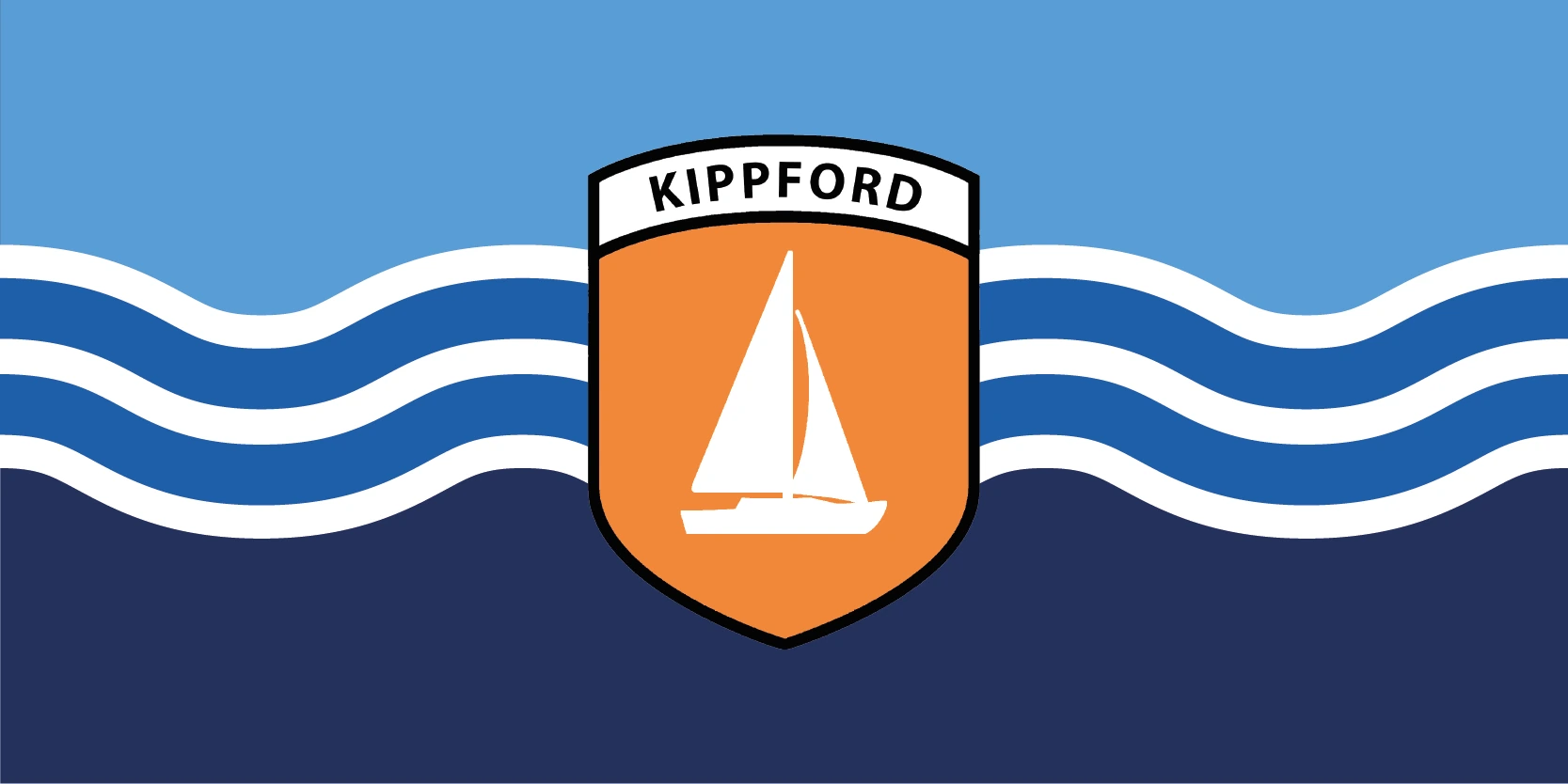 A flag with a sky blue upper half and navy lower half separated by three white wavy lines, an orange crest at the centre carrying the name Kippford and a white sailboat