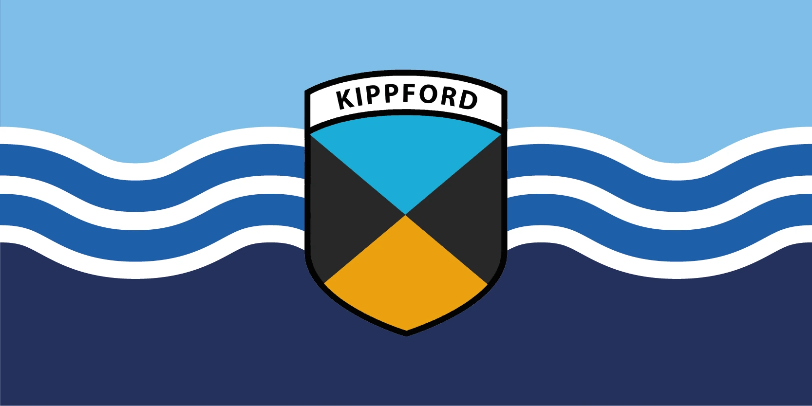 An early crest proposal: a shield with a cyan and orange quartered field under a Kippford banner, centred on wavy white lines between sky blue and navy.