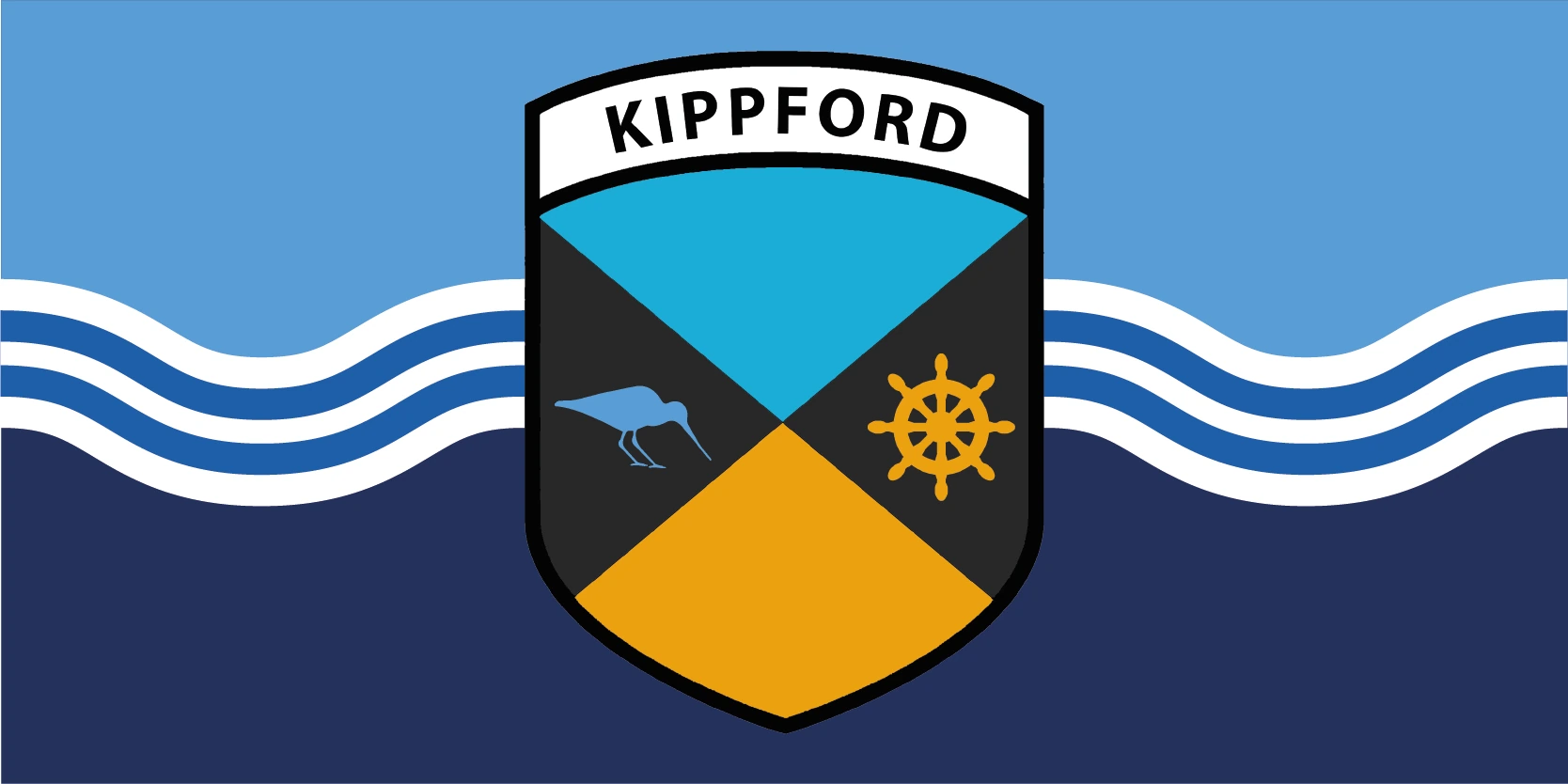 A busier crest proposal: the quartered shield carrying a wading bird and a ship's wheel in the quarters, over the wavy lines.