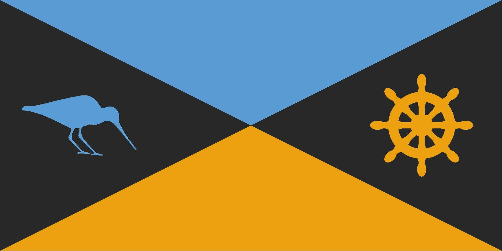 A dark geometric proposal: black and orange triangles meeting at the centre, with a blue wading bird on the left and an orange ship's wheel on the right.
