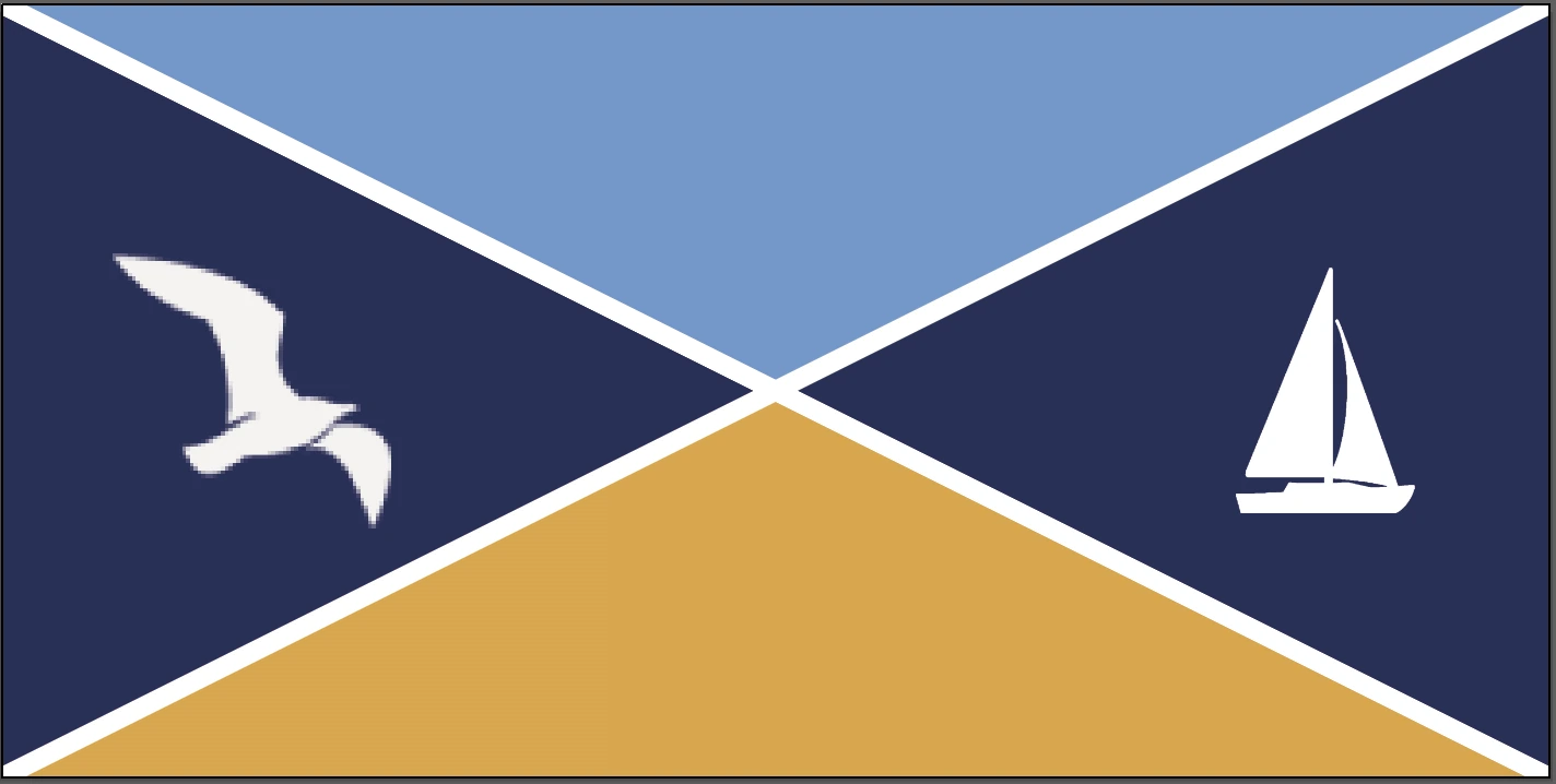 A geometric proposal: a pale saltire dividing blue, navy and sand triangles, with a white gull on the left and a white sailboat on the right.