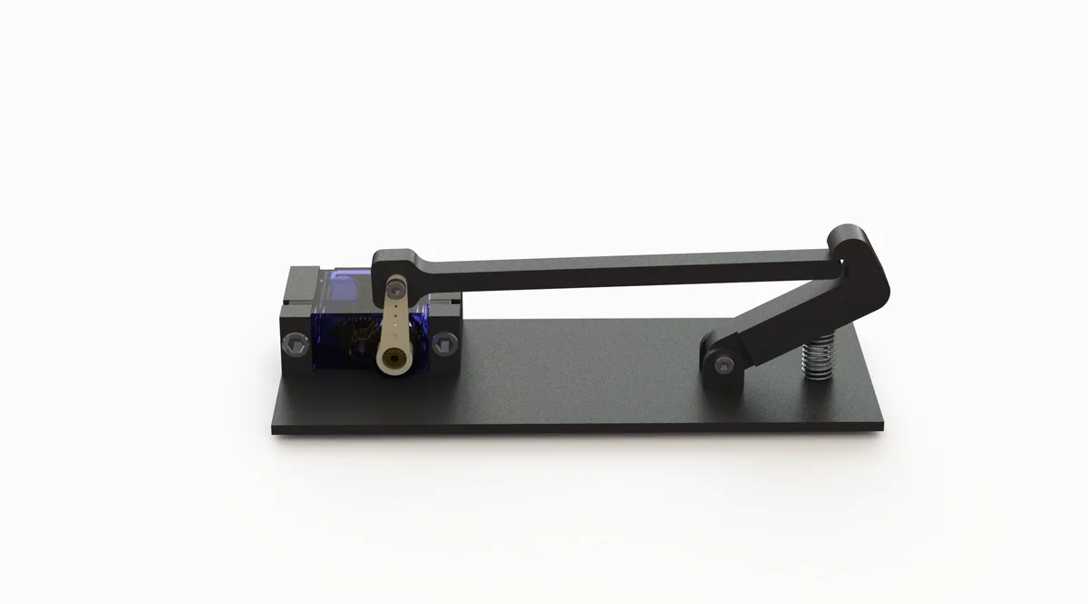 Side elevation CAD render of the same assembly, showing the low profile of the baseplate and the height of the arm above it.