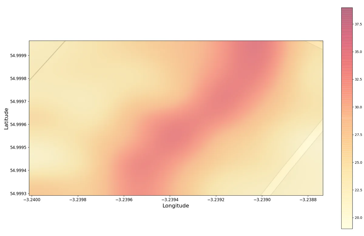 A close-range interpolated count-rate map of a small area, with latitude and longitude axes. A distinct diagonal band of elevated count rate runs from the lower left to the upper right against a lighter background.