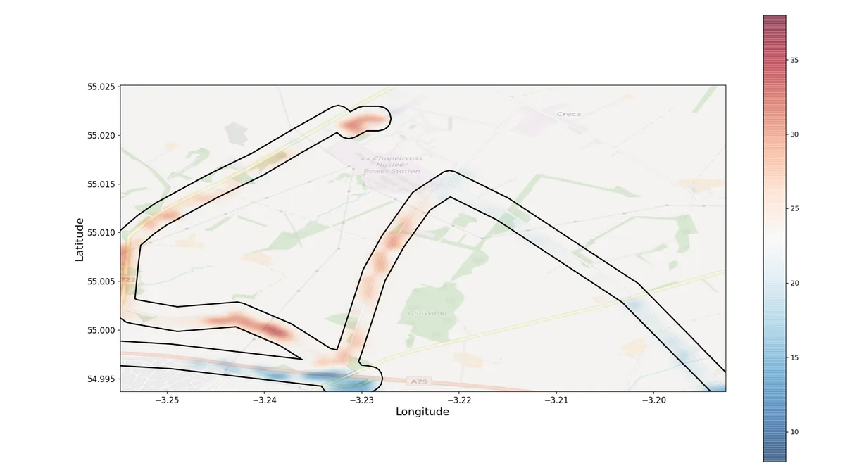 Map of the area around the former Chapelcross nuclear power station with the survey route outlined in black and an interpolated count-rate field overlaid in red and blue.
