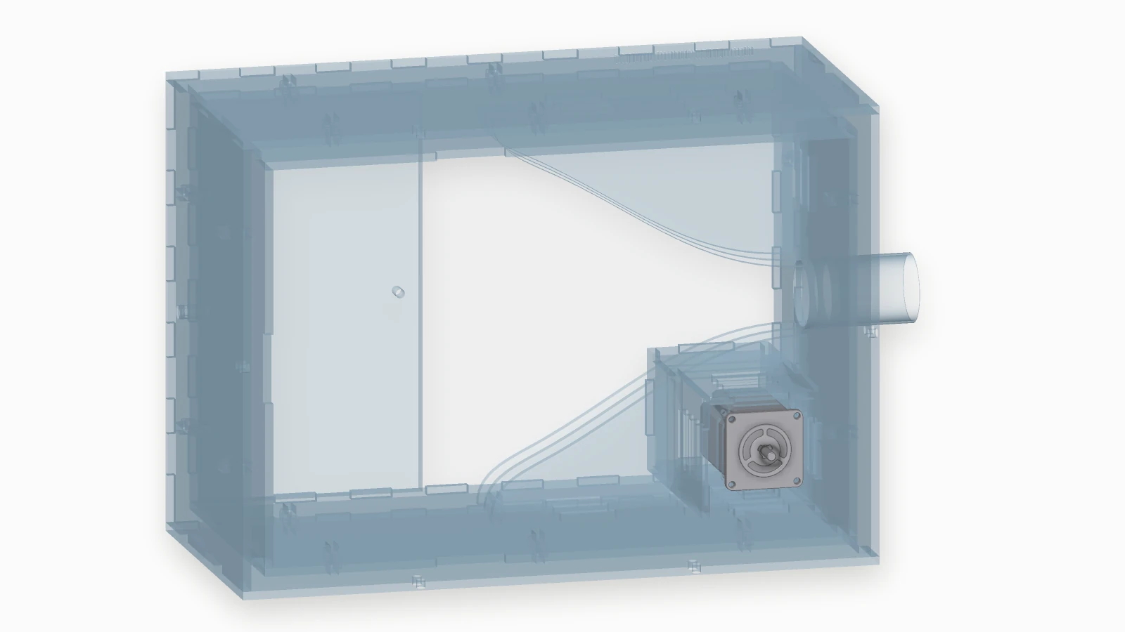 Cutaway render of the second launcher: a clear acrylic box with the near side panel removed, showing a tubing spool, a curved guide leading to an exit port on the right, and a stepper motor driving the spool.