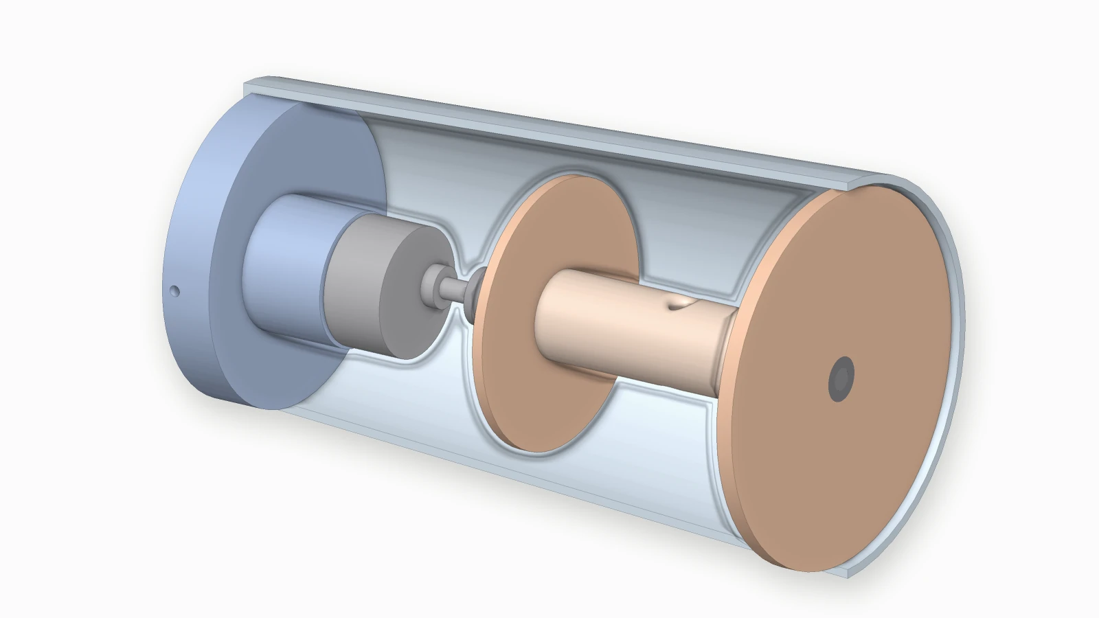 Cutaway render of the first launcher: a sealed cylindrical vessel sliced lengthwise, with a motor mounted on the end plate driving a shaft that carries a spool of tubing along the length of the vessel.