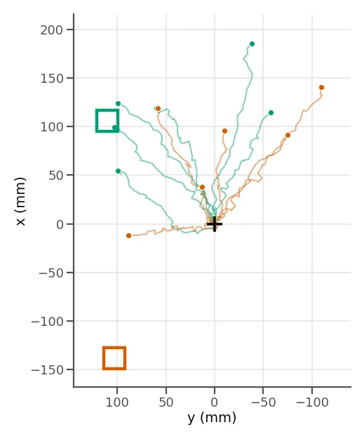Top-down plot of offline rollouts from a fixed start with a green square outlined at the top left and a red square at the bottom left. Green mesh paths and red empty-gripper paths both fan forward and upward together, with no separation.